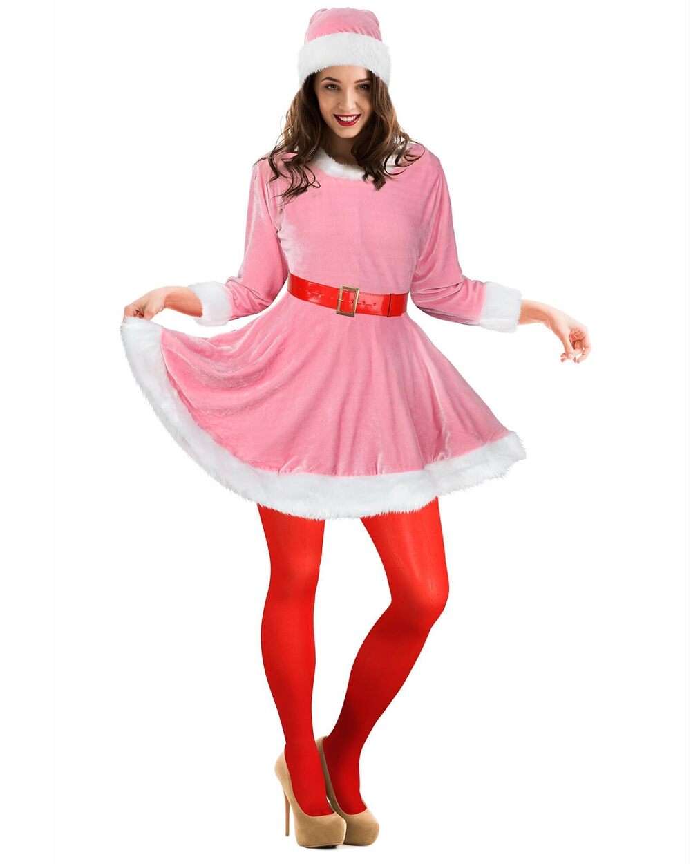 3272 Santa Claus Costume Set Velvet Dress with Belt Xmas Striped Tights
